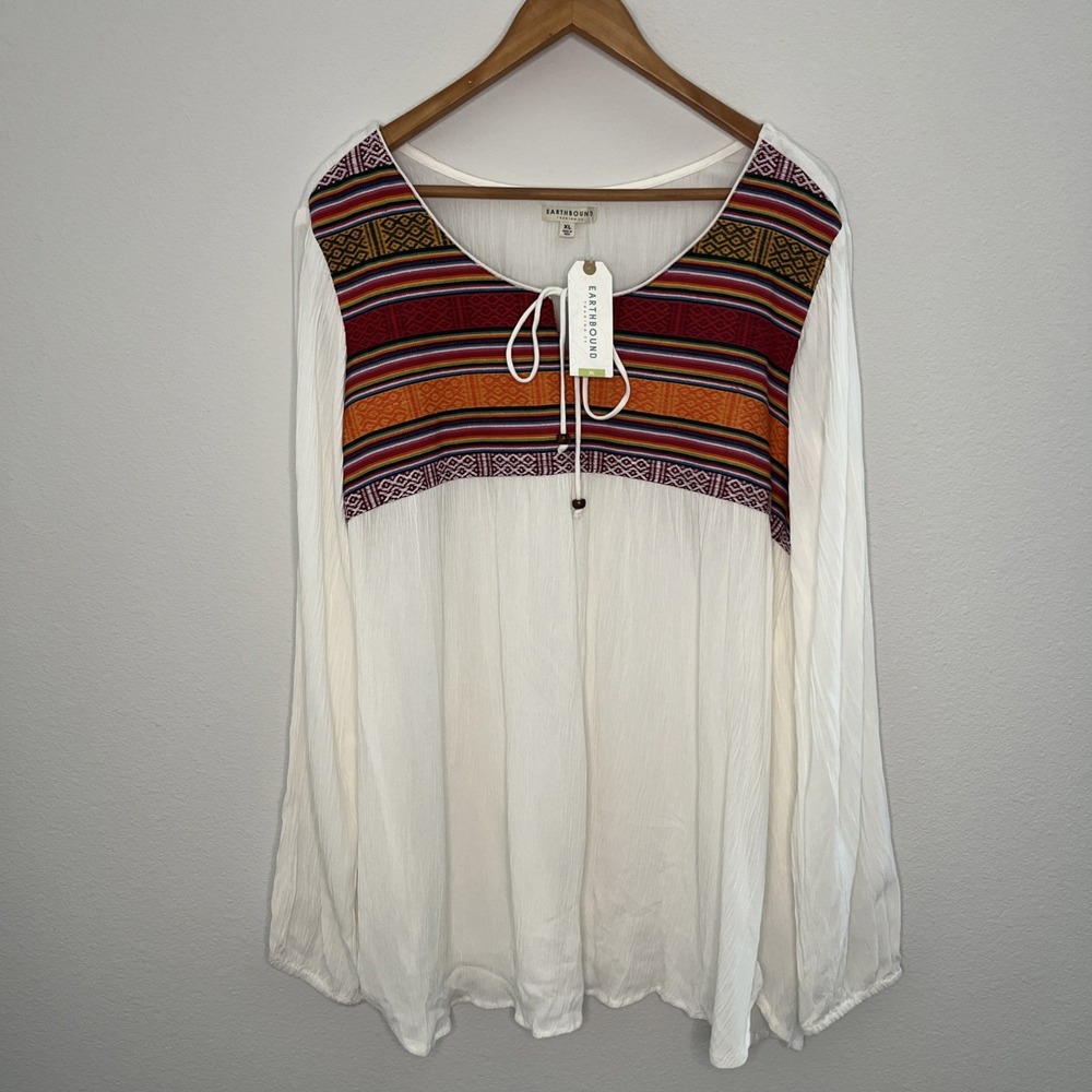 Earthbound Trading Co Patchwork Colorful Gauzy Flowy Boho Peasant Tunic Top XL